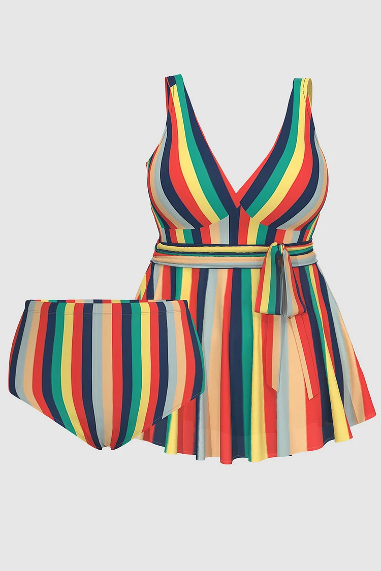 Xpluswear Design Plus Size Vacation Multicolor Striped V Neck Wrap Swimsuit Fabric Swimwear Dress With Panty [Pre-Order]