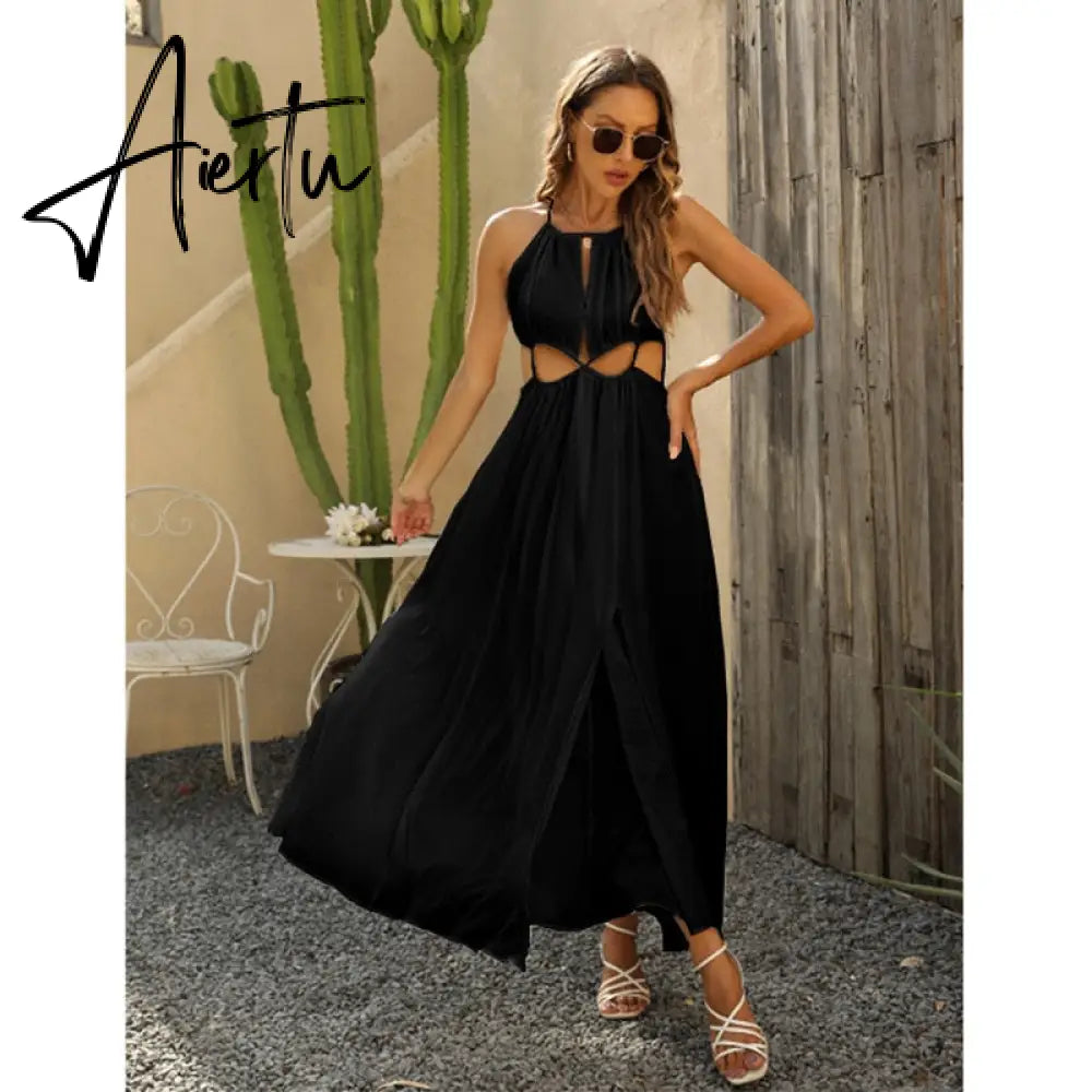 Chiffon Solid Halter Slit White Women Dress Summer Sleeveless Maxi Long Holiday Beach Ladies Dress Robe New Aiertu