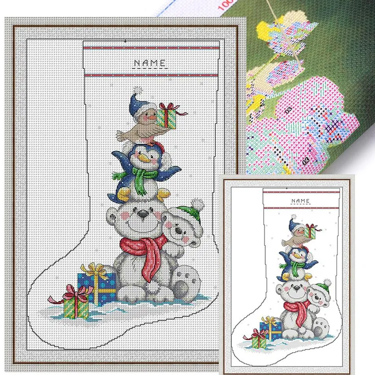 【Joy Sunday Brand】Polar Bear in Christmas Stocking 29*43cm 16CT Stamped Canvas Cross Stitch(backstitch) gbfke