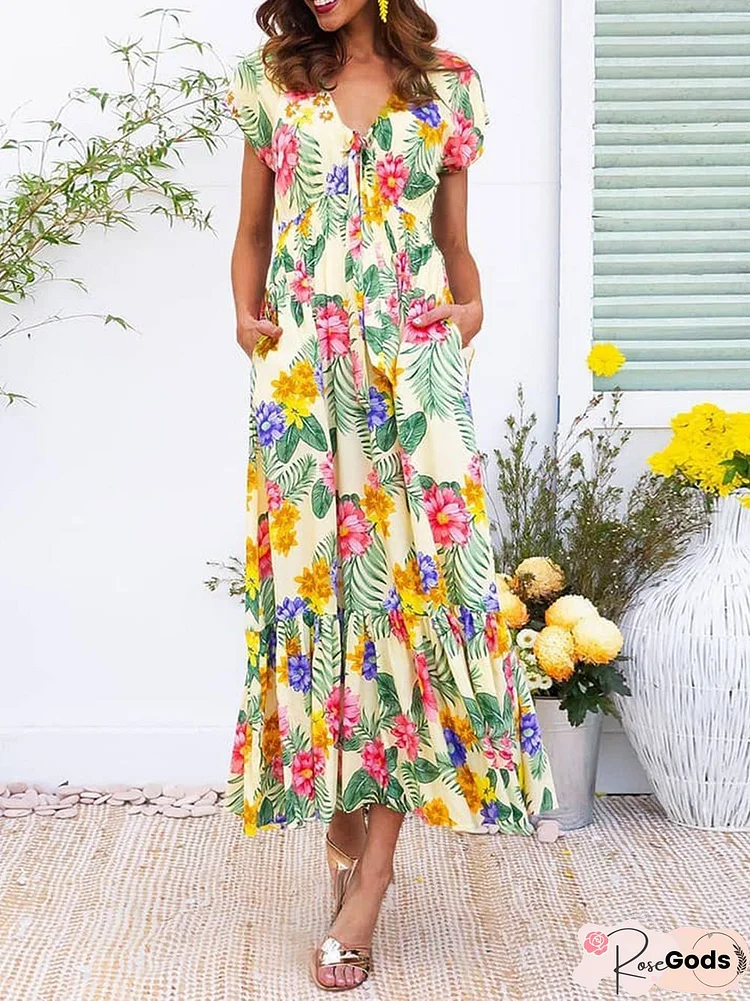 Summer Maxi Dress Plus Size Pockets Plants Weaving Dress