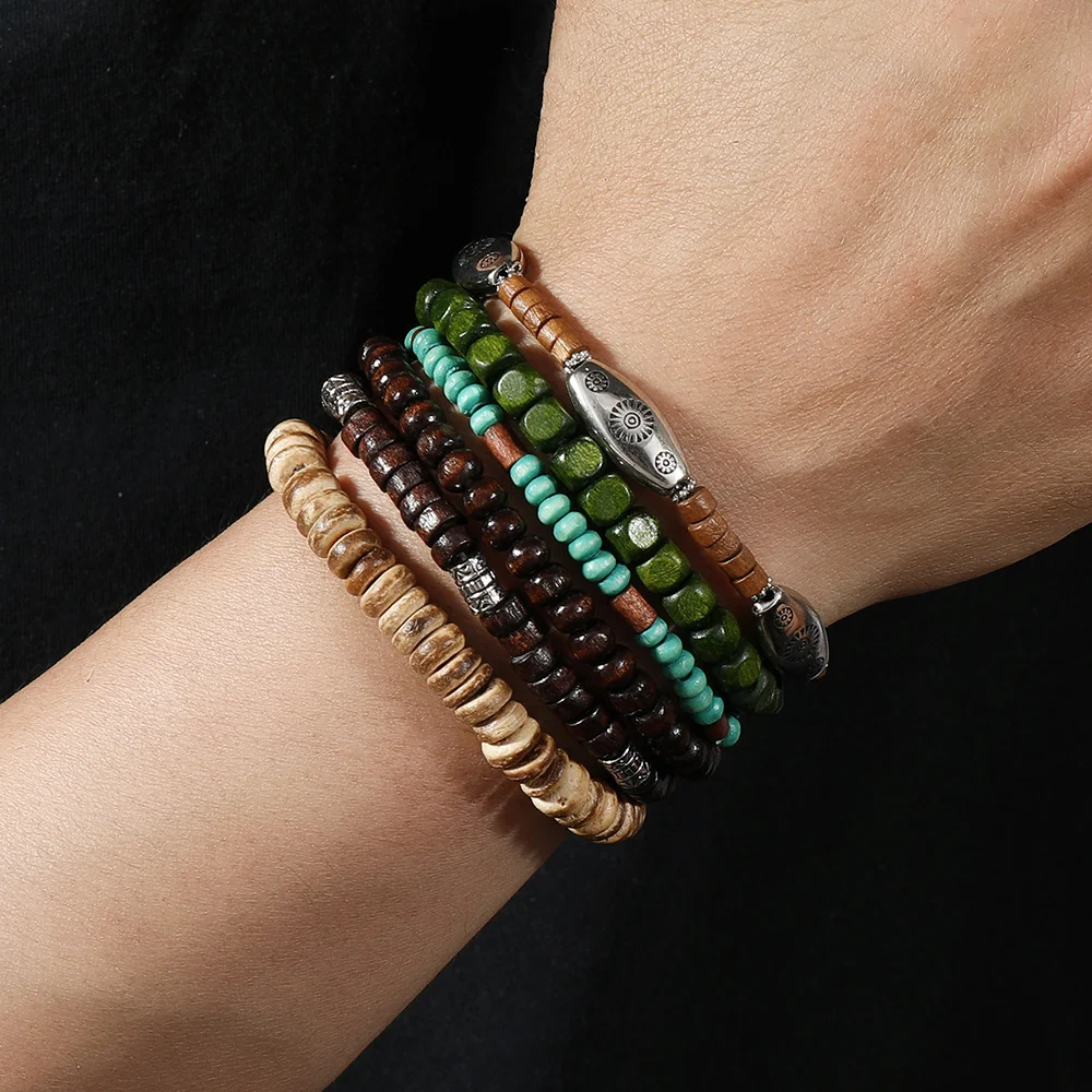 Men's Vintage Alloy Multi-layer Wooden Bead Bracelet-inspireuse