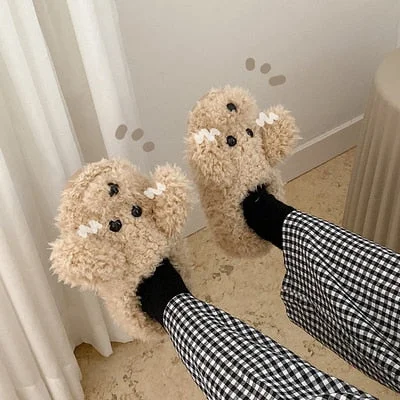 Cute Animal Slipper For Women Girls Fashion Kawaii Fluffy Winter Warm Slipper Woman Cartoon Teddy Dog House Slippers Funny Shoes