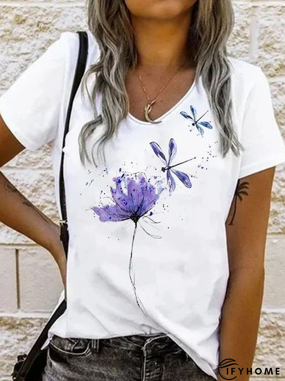 Crew Neck Casual Floral Dragonfly Cotton Blends Shirt & Top | IFYHOME