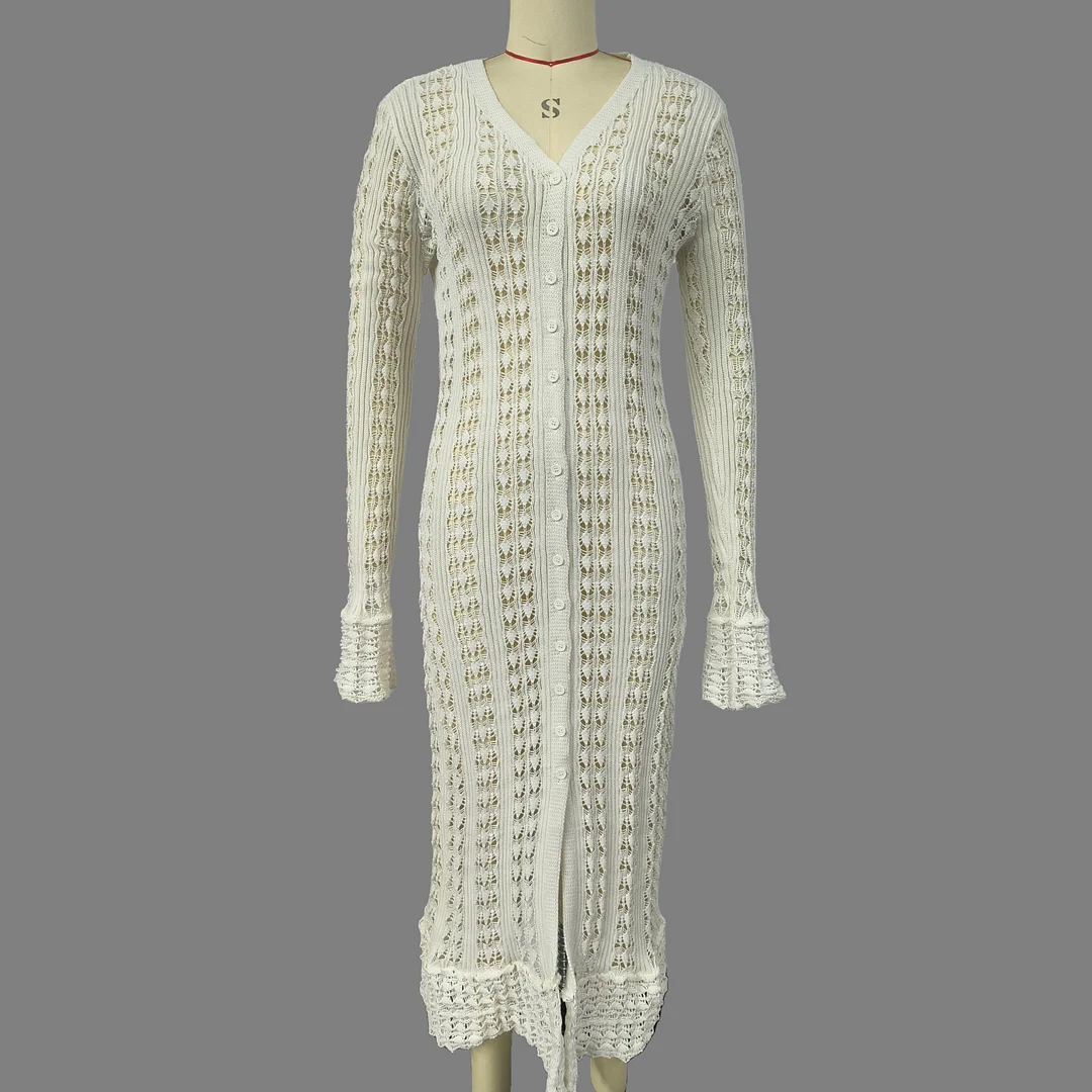 Athvotar Athvotar Attitude Babes Personality Style Long Design Knitted Cardigan Women's Hollow Hook Flower Solid Color High Sense