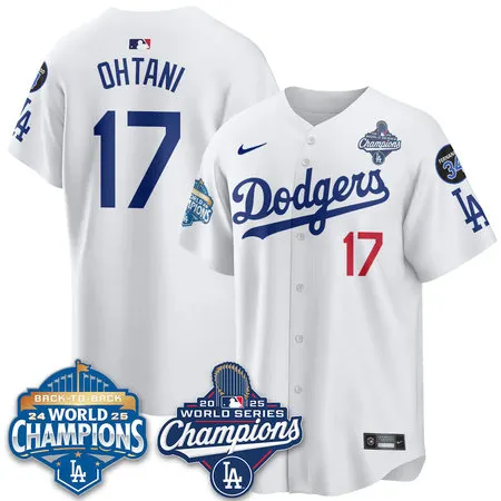 Men's Los Angeles Dodgers #17 Shohei Ohtani White 2025 World Series Champions Jersey