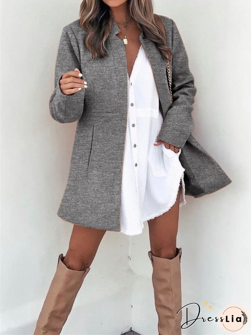 Solid Color Slim Long Sleeve Pocket Ladies Coat