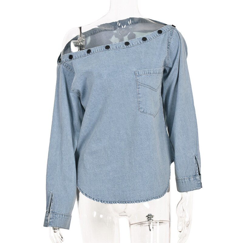 Women Sexy Off Shoulder Long Sleeve Denim Blouses 2021 Spring New Loose Pocket Button Female Casual Blue Streetwear Denim Tops