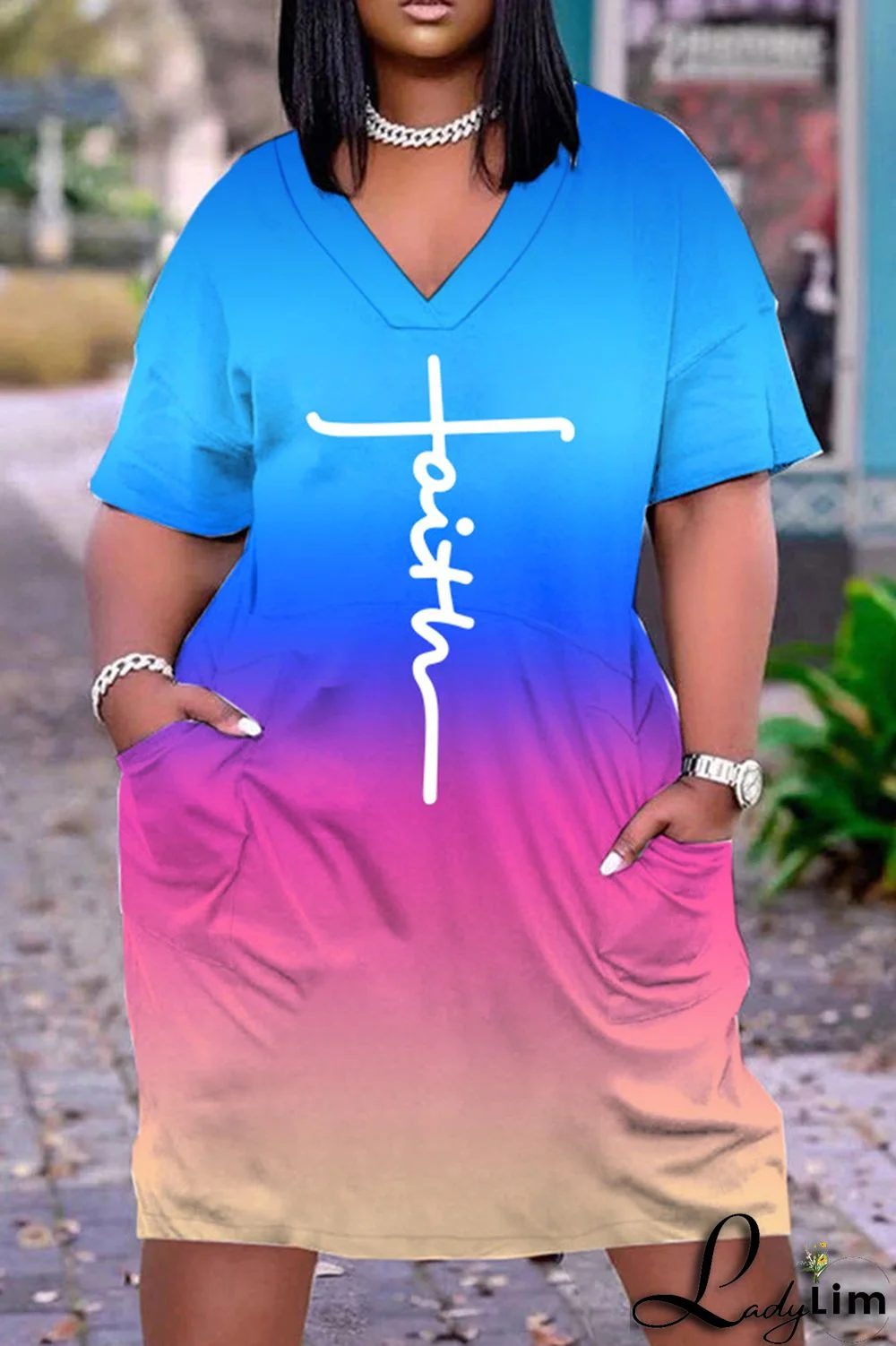 Sky Blue Casual Print Basic V Neck Short Sleeve Dress