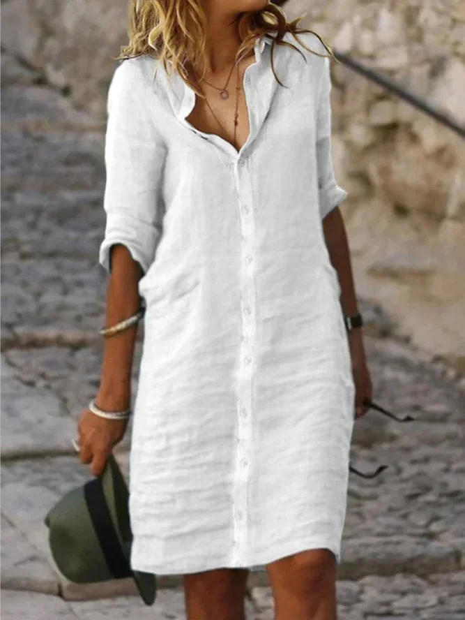 Brownm Brownm Ms.'S New Solid-Color Casual Casual Collar Single-D Row Buckle Sleeve Cotton Shirt Mid-Long Dress Woman