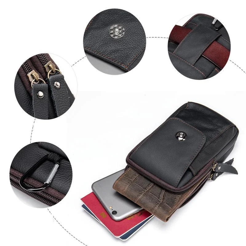 Grain Textured Style Genuine Leather Multiple Compartment Card Slot Magnetic Closure Belt Bag