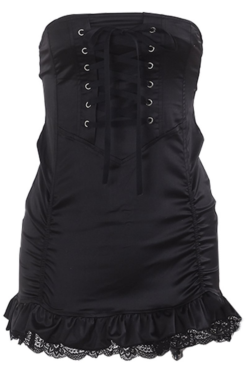 Gothic Black Party Patchwork Lace up Ruffle Lace Hem High Waist Skirt