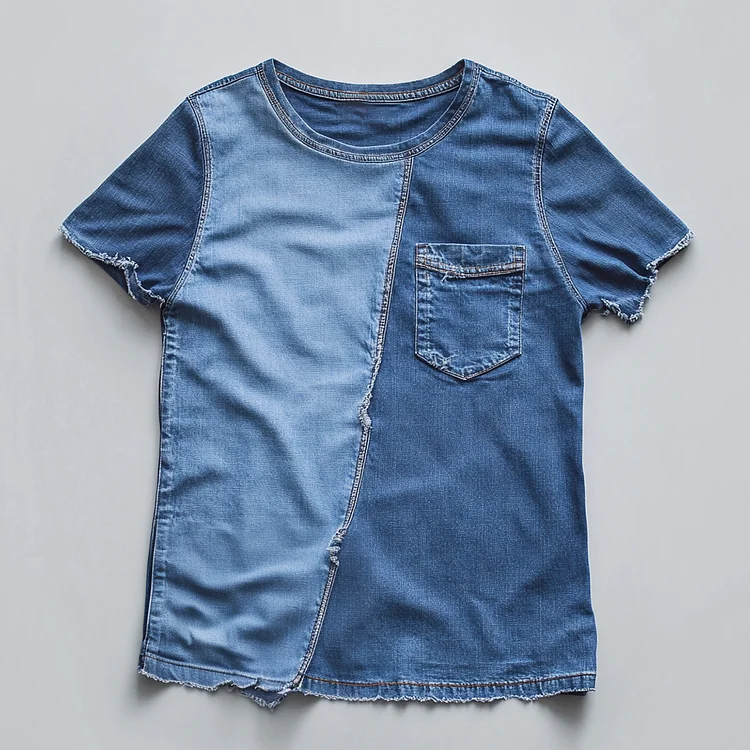 Ursime Denim Patchwork Chest Pocket Short Sleeve T-Shirt