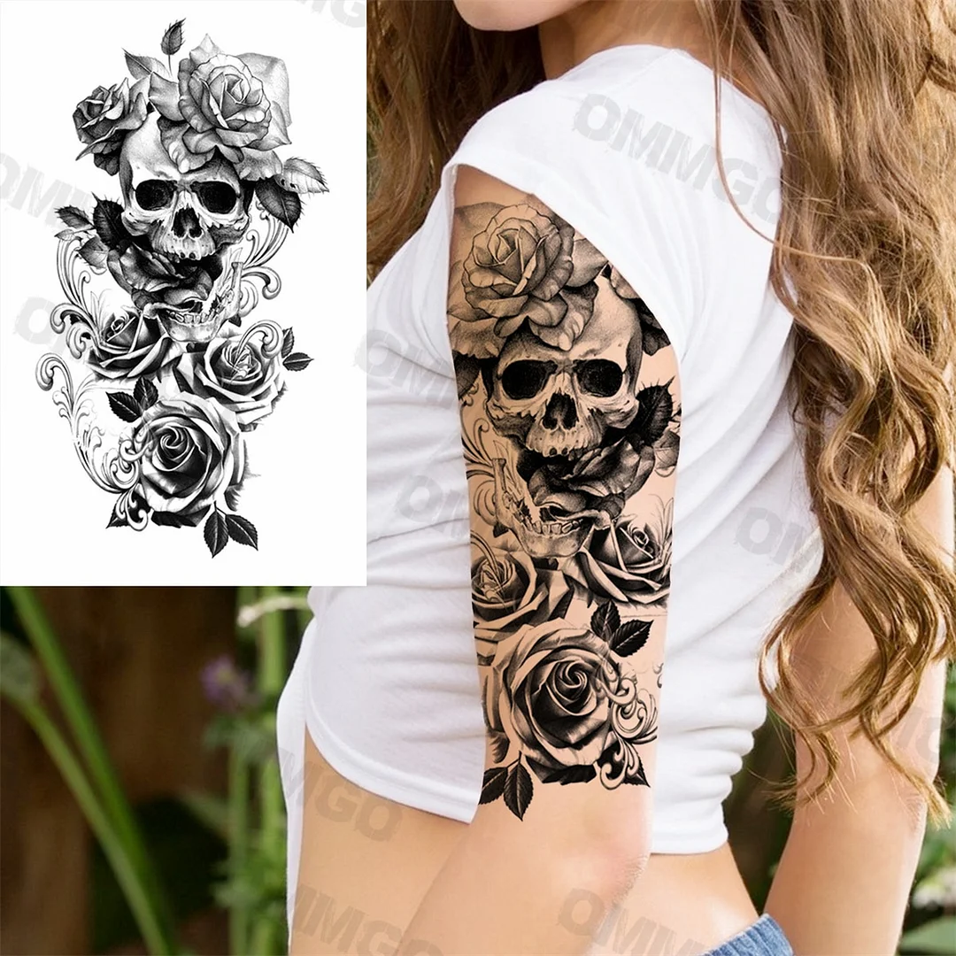 Sdrawing Rose Flower Skeleton Temporary Tattoos For Women Adult Girl Lion Tiger Crown Fake Tattoo Body Art Painting Tatoo Decal