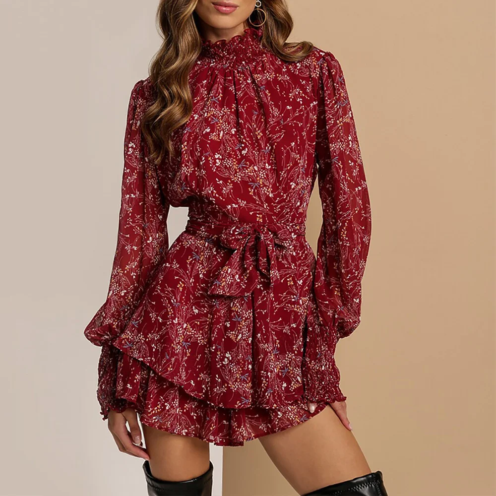 Brownm Brownm New Women's Wear Temperament Long Sleeve Broken Floral Flounces Short Autumn And Winter Dress Female