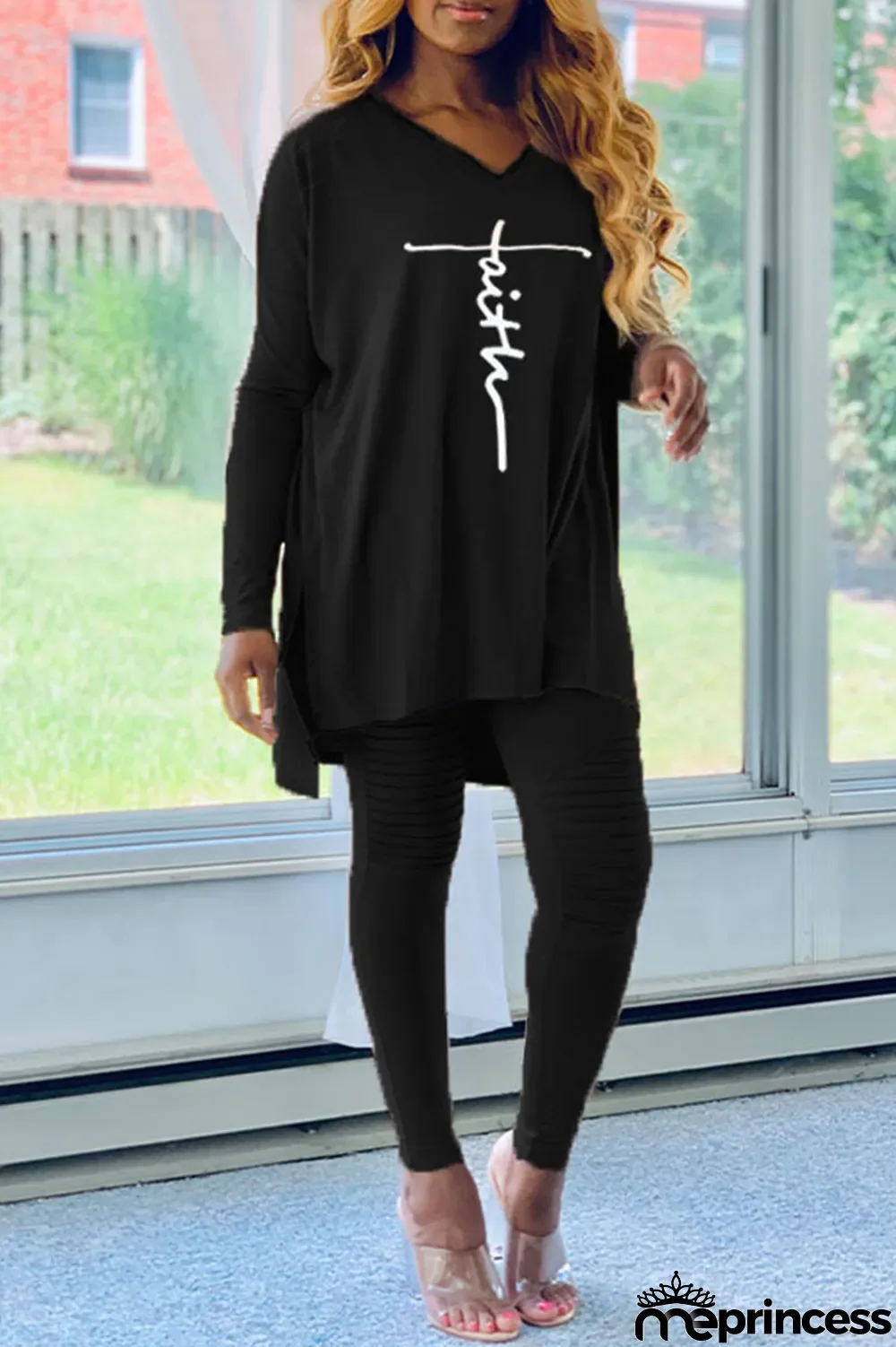 Yellow Casual Print Split Joint Asymmetrical V Neck Long Sleeve Two Pieces