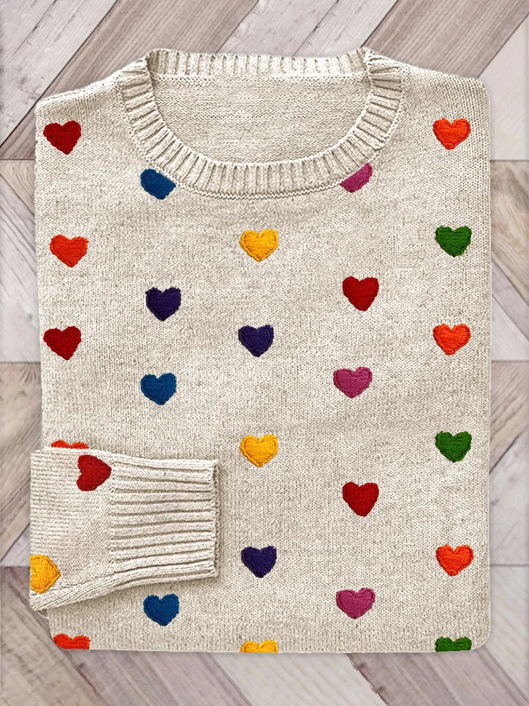 Colorful Heart Embroidery Pattern Cozy Knitted Sweater
