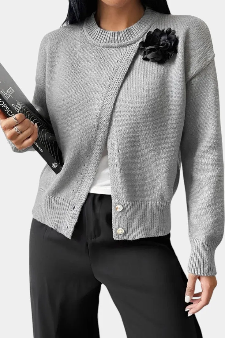 Classic Knit Cardigan with Button Closure and Floral Accent
