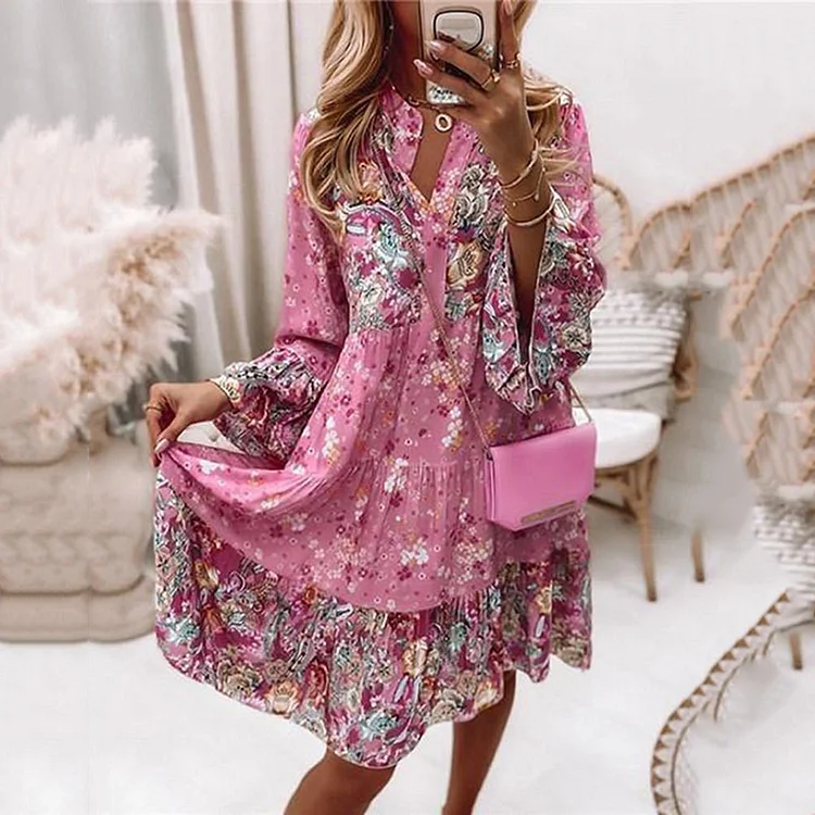 Comstylish Fashionable V-Neck Floral Long Sleeve Mini Dress