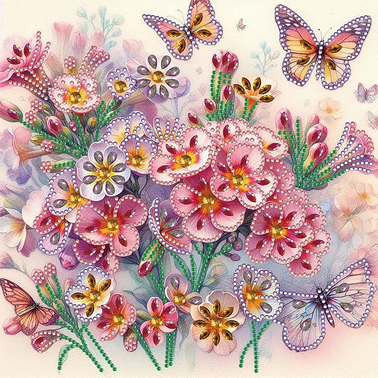Flowers Pink Flower Butterfly 30*30CM(Canvas) Special Shaped Drill Diamond Painting gbfke