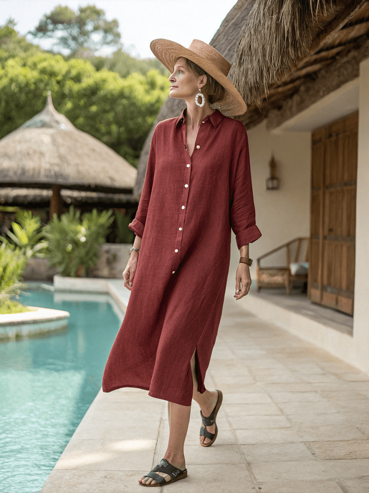 Cotton and linen women's resort shirt dress