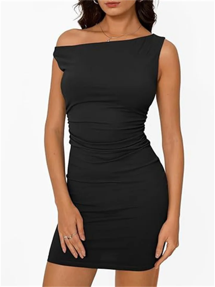 Women's Off-the-shoulder Sleeveless Bodycon Dress Solid Color Straight Neckline Dress-JRSEE