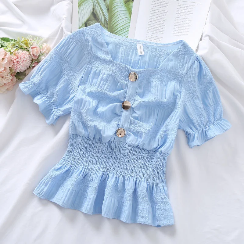 Blouses Women Candy Colors Ulzzang Kawaii Fashion Ins Preppy Clothing Summer Sweet Lovely Girls Slim 2021 Shirring Square Collar