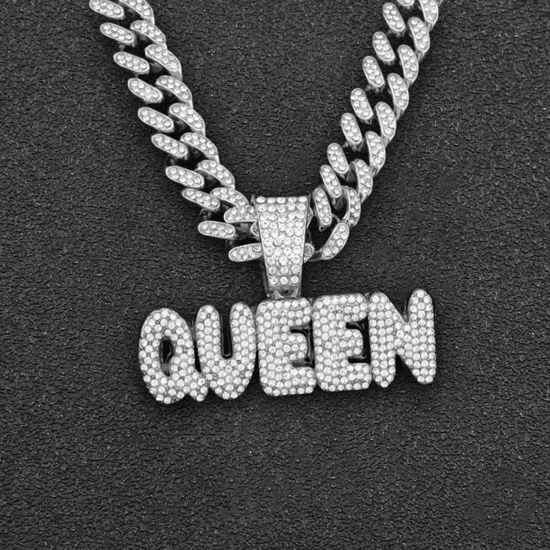 1 Men’s Diamond QUEEN Letter Hip Hop Hipster Full Diamond Hip Hop Necklace Pendant Accessories Cuban Chain