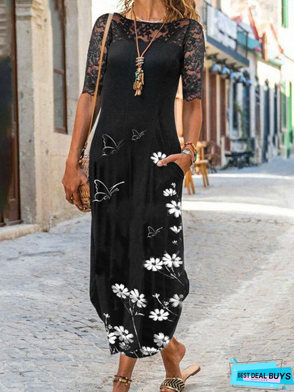 Boho Floral Crew Neck Loosen Cotton Blends Floral Butterfly Long sleeve Knit Dress