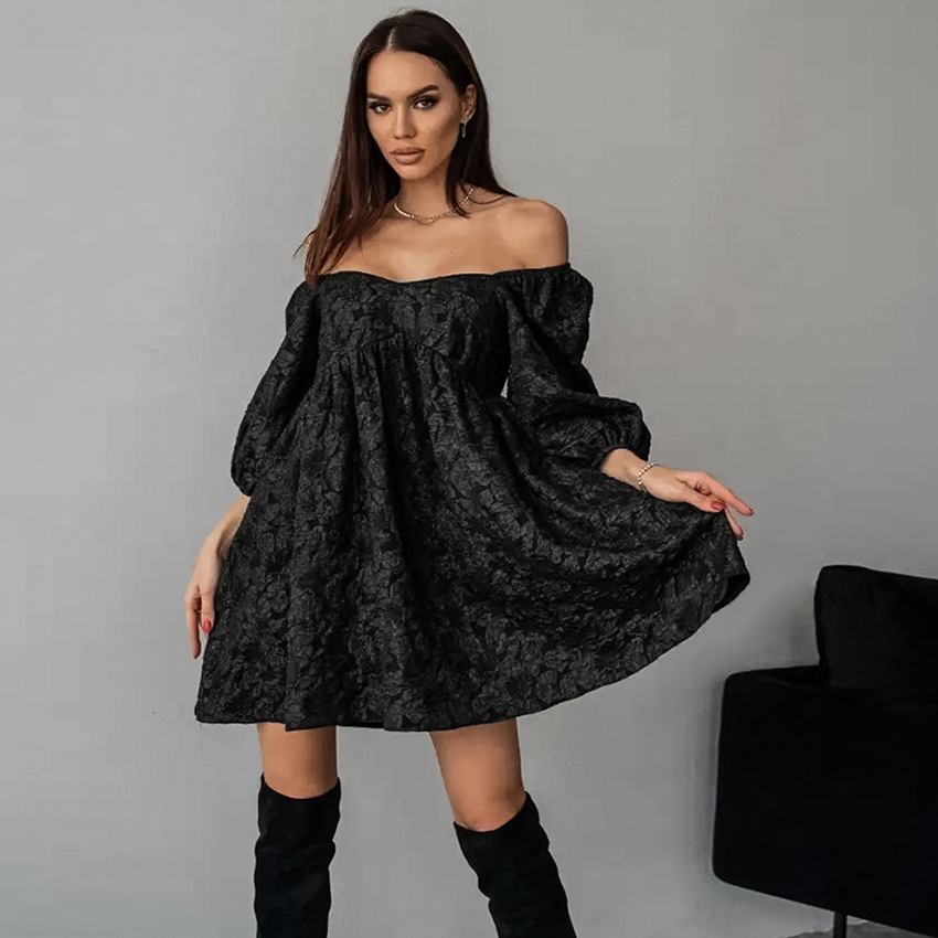 Ootddress Jacquard V-neck Dress For Women Bubble Sleeve Niche Design Solid Color Loose Fashion Ladies Short Dress 2025 Summer New