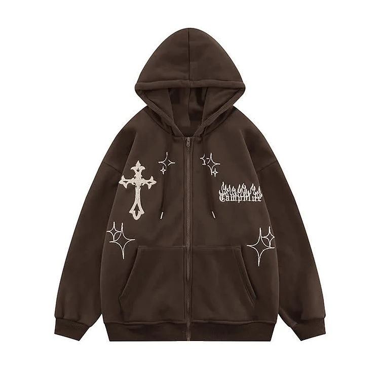 Cross Print Zipper Pocket Loose Hooded Sweatshirt - Modakawa modakawa