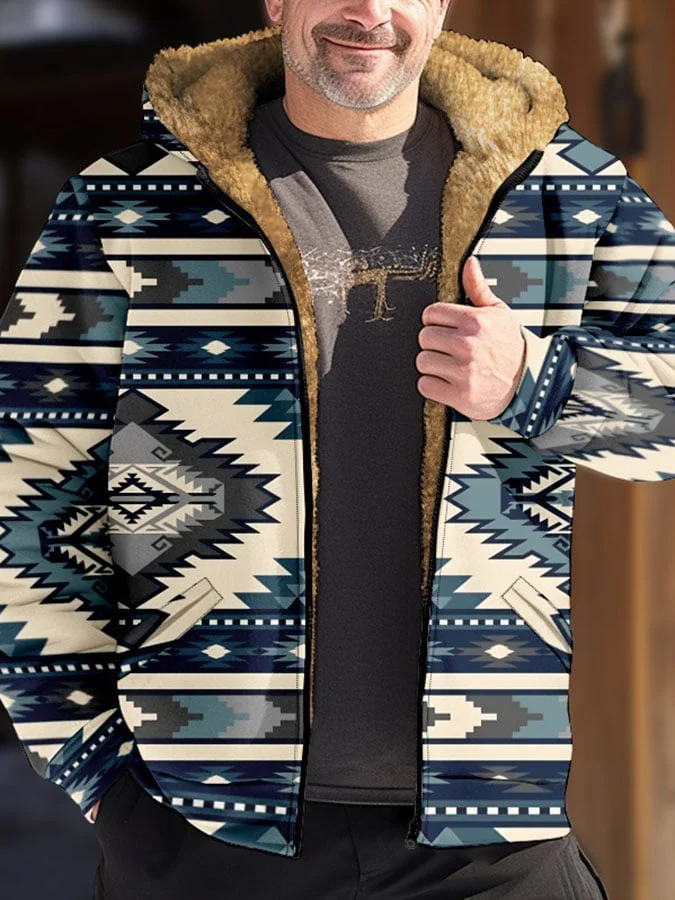 Men's Vintage Fashion Tribal Print Zip Up Fleece Hooded Jacket