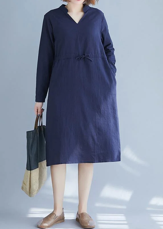 Elegant Blue Clothes For Women V Neck Drawstring Dresses Spring Dresses