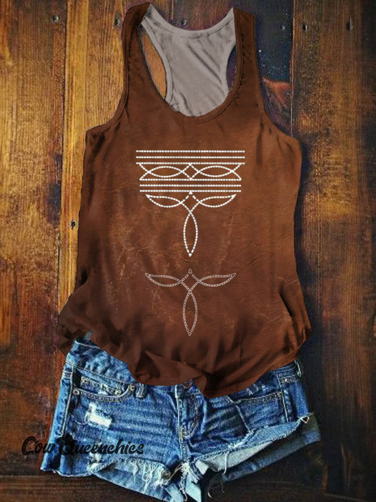 Simple Brown Cowboy Boots Stitch Printed Casual Tank Top Brown / S