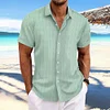 Camicia da uomo a maniche corte jacquard rigata in cotone e lino con revers