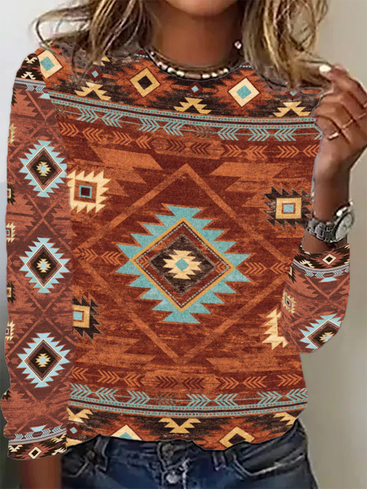  Western Vintage Geometric Print Long Sleeve T-Shirt Westsshops