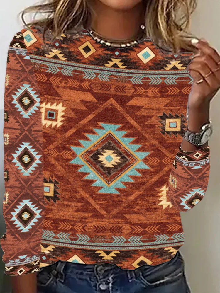 Western Vintage Geometric Print Long Sleeve T-Shirt