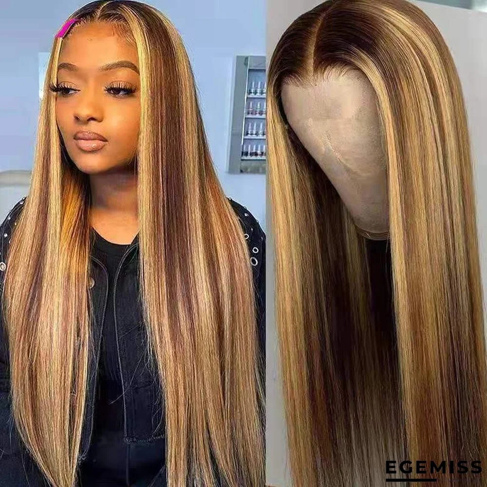 Brown-gold Gradient Long Straight Hair Rose Mesh Wig Set | EGEMISS