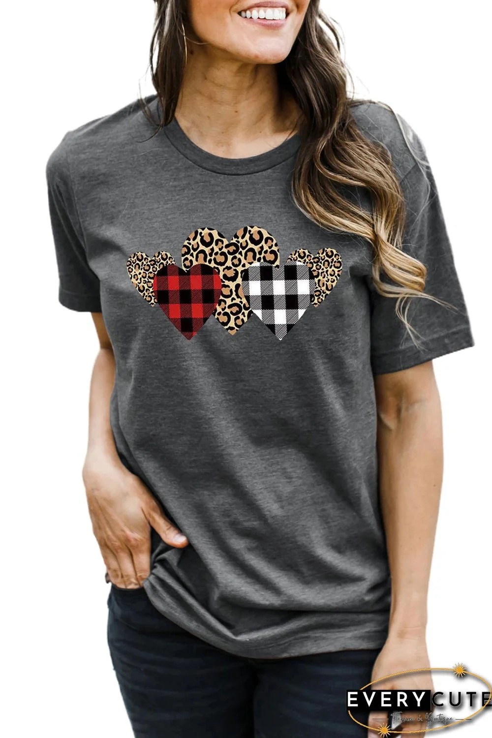 Leopard Plaid Heart Shape Print Gray Tee