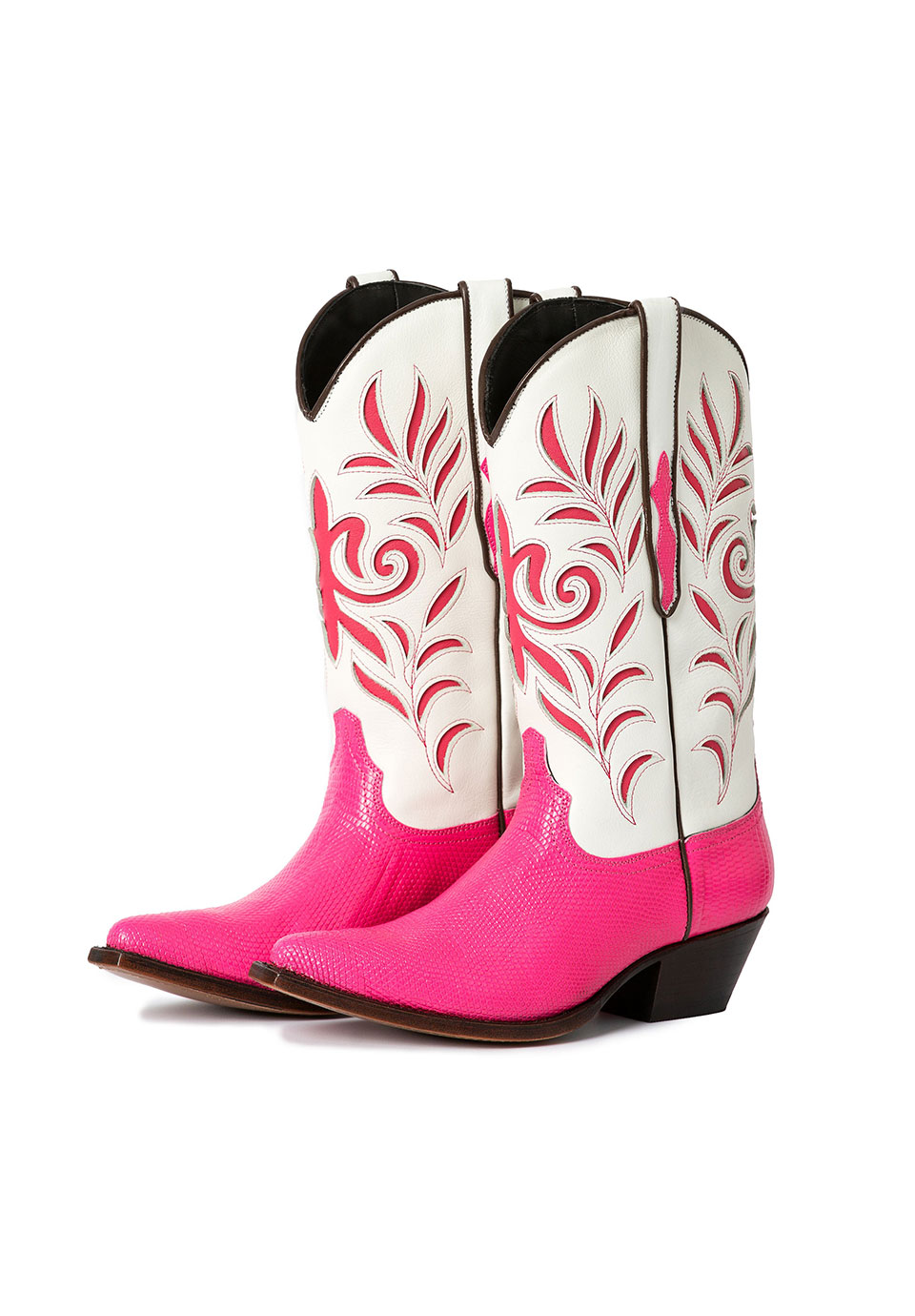 Pink & White Vegan Leather Pointed Toe Floral Embroidered Wide Calf Cowgirl Knee High Boots With Chunky Heels