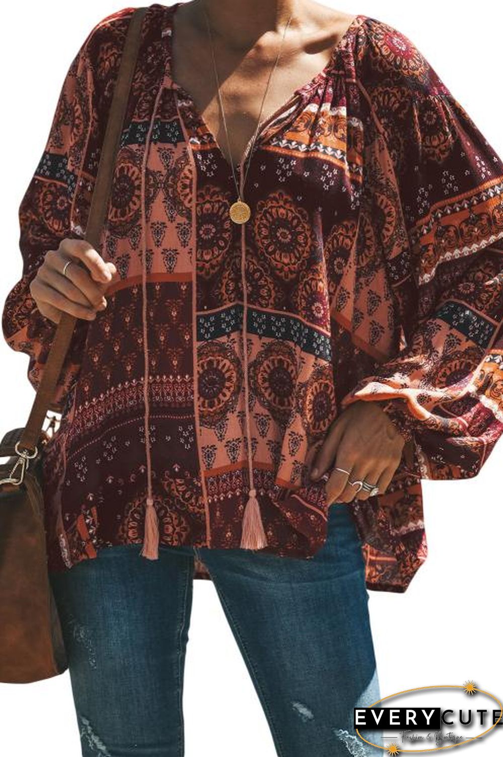 Red Floral Print Peasant Blouse