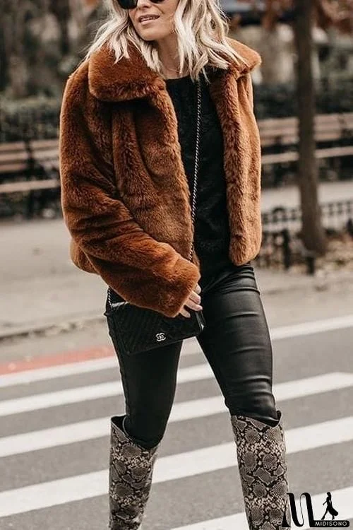 MidiSono - Turndown Collar Faux Fur Short Coat