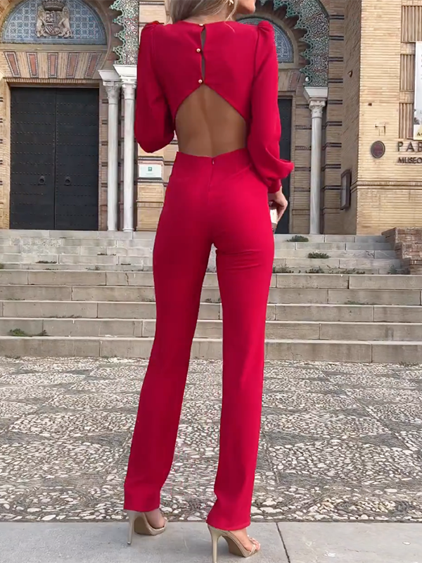 Backless Plain Long Sleeves Round-Neck Jumpsuits