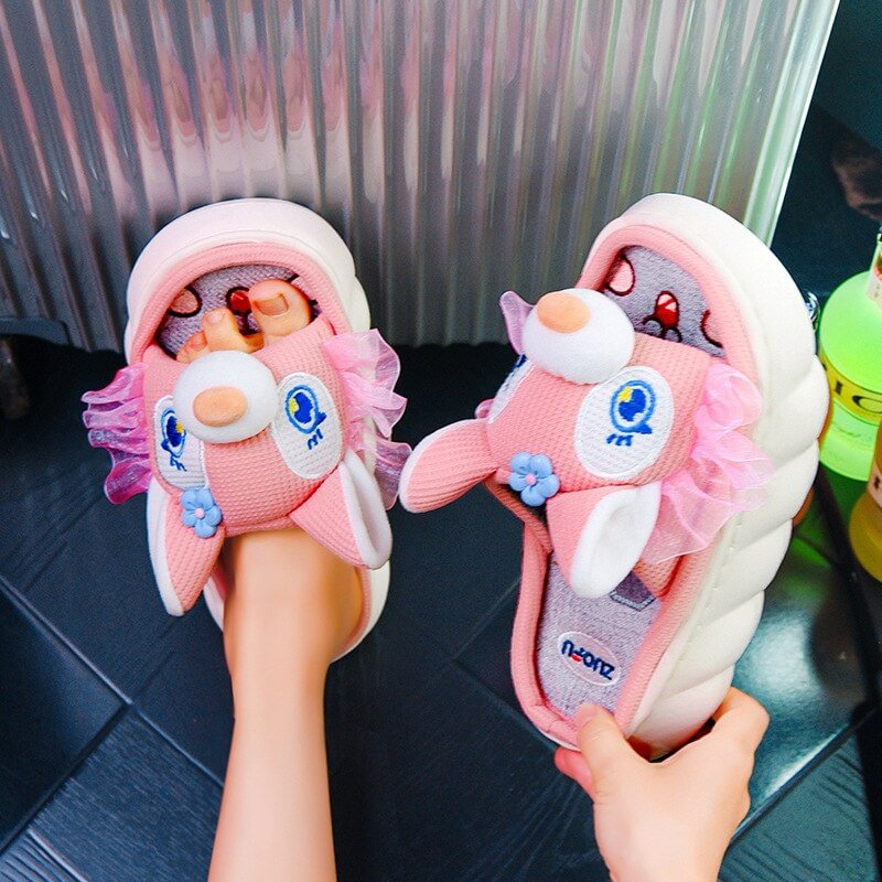 Yyvonne New Fashion Linen Slippers Women Cute Squirrel Home Platform Slippers Comfort Cartoon Couple Ladies Slides Free Shipping