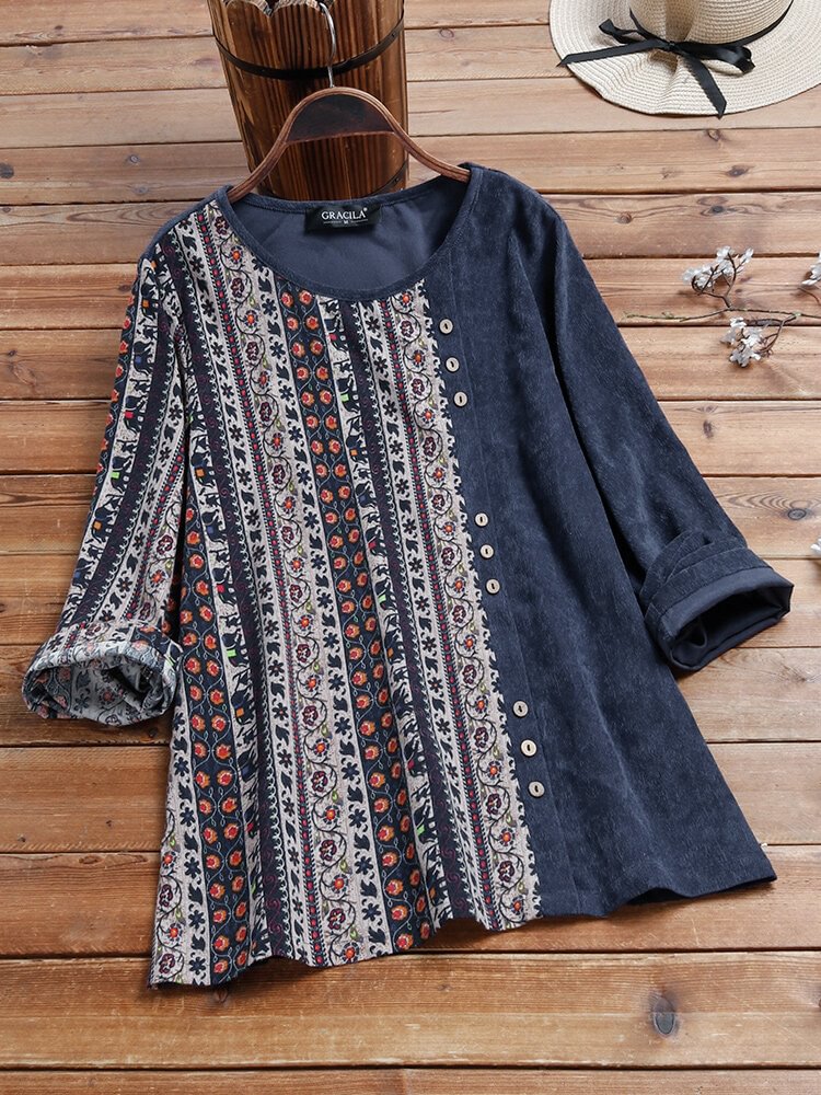 Vintage Printed Long Sleeve O neck Patchwork Corduroy Blouse For Women P1752297