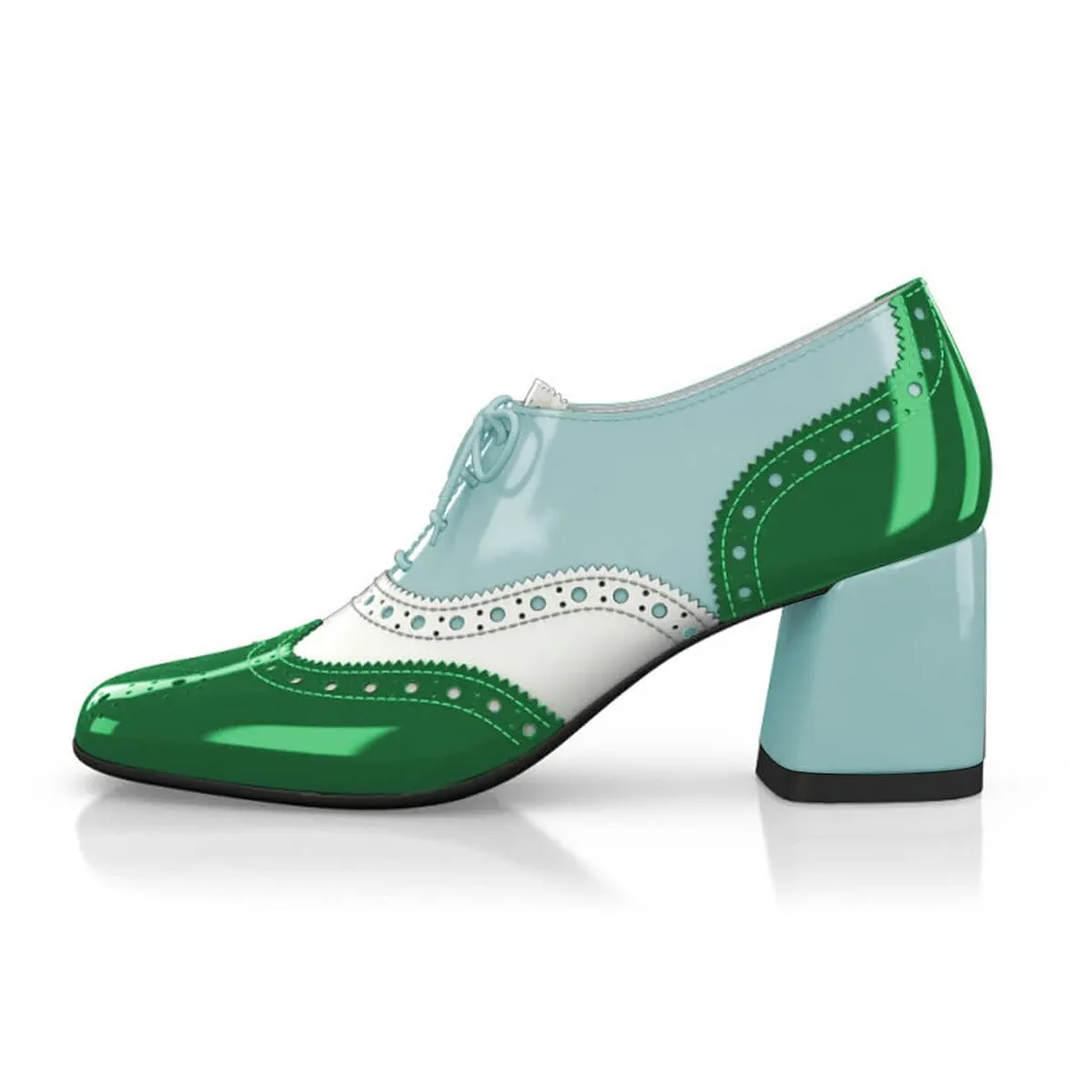 Green and Light Blue Block Heel Lace-Up Women's Wingtip Shoes