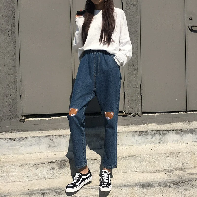 Jeans Women Cat Printed Kawaii Simple Korean Style Zipper Fly Breathable Soft Trendy Leisure Pockets Jean Womens Lovely Chic