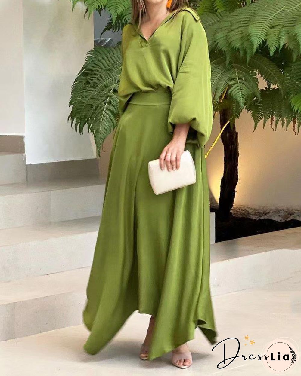 Summer New Loose Solid Color Long-sleeved Top High-waisted Half-length Suit Vintage Dress