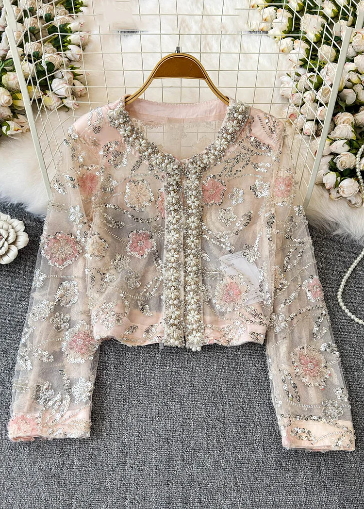 Handmade Pink Sequins Pearl Tulle Coats Spring