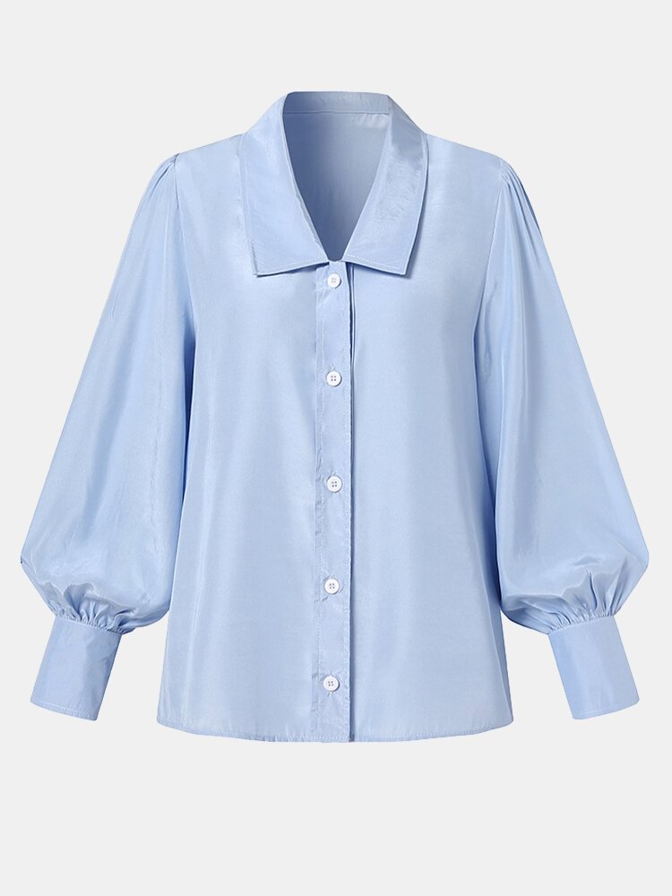 Solid Color Lapel Long Sleeve Button Casual Blouse For Women P1808546