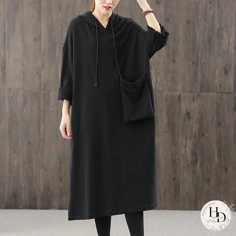 Women hooded pockets fall quilting dresses Wardrobes black loose Dresses